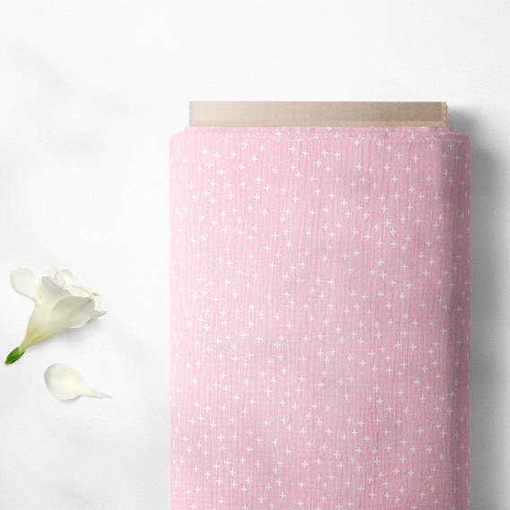 Тканина бавовняна платтяна Муслін двошарова 140 см, 120 г/м2 для суконь, блузок, спідниць, халатів, костюмів Зорепад пудра, Зірки, фото 2