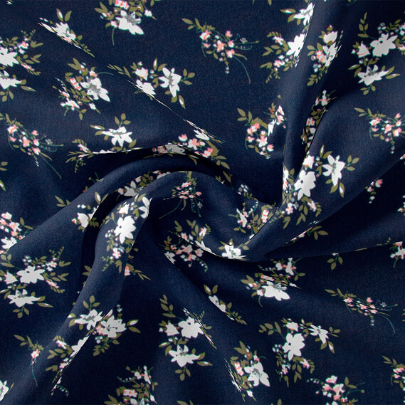 Тканина плательна креп Мадагаскар, 150 см, для одягу, плаття, костюмів, спідниць V-43/1 букетик темно синій, Квітковий, фото 1