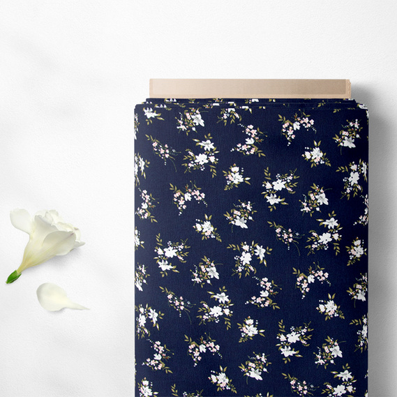 Тканина плательна креп Мадагаскар, 150 см, для одягу, плаття, костюмів, спідниць V-43/1 букетик темно синій, Квітковий, фото 2