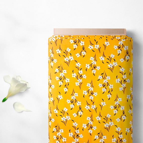 Тканина штапель твіл принт, 140 см, 160 гр/м2, для суконь, блузок, спідниць V-208/5 пролісок гірчиця, Квітковий, фото 2