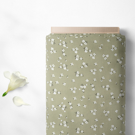 Тканина штапель твіл принт, 140 см, 160 гр/м2, для суконь, блузок, спідниць V-201/3 любисток олива, Квітковий, фото 2