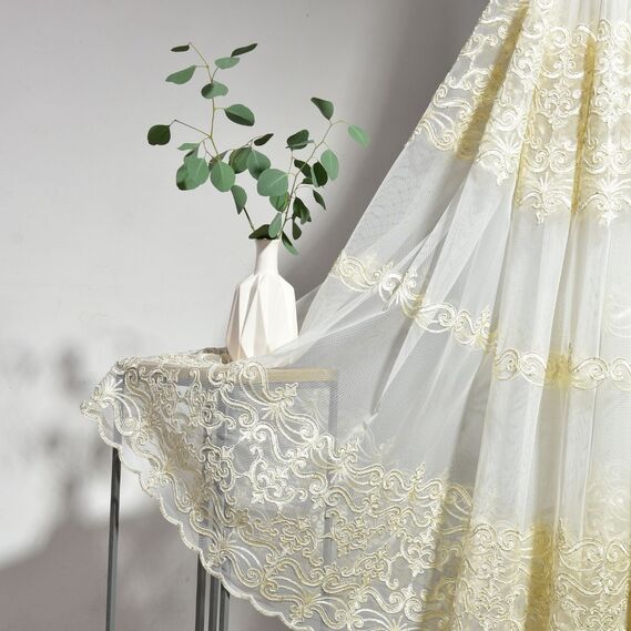 Тюль фатин с вышивкой Приора V-золото, фото 1
