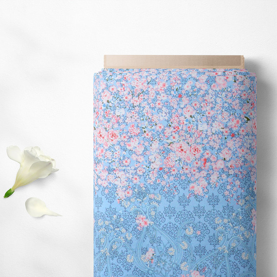 Тканина бязь ранфорс для постільної білизни 2,4 м V-12 20279 2 Сакура блакитна, Квітковий, фото 2