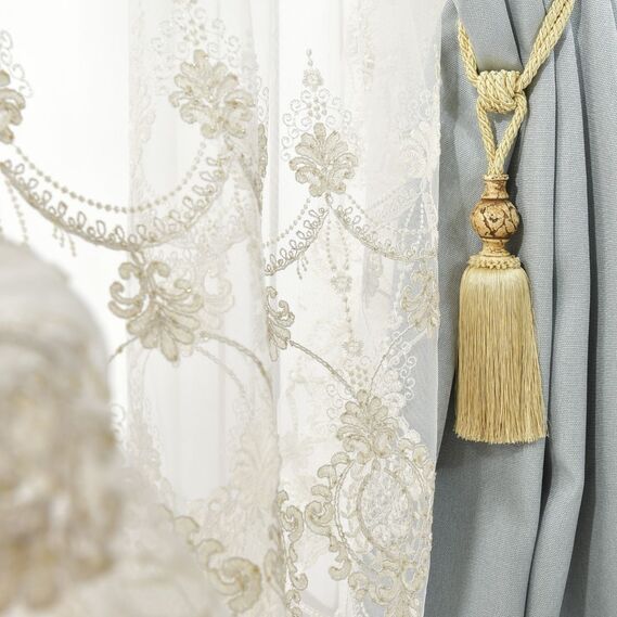 Тканина тюль сітка з вишивкою Ларсон V-золото, фото 1 Тканина тюль сітка з вишивкою Ларсон V-золото, фото 1