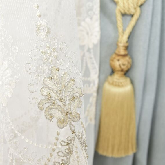 Тканина тюль сітка з вишивкою Ларсон V-золото, фото 2 Тканина тюль сітка з вишивкою Ларсон V-золото, фото 2