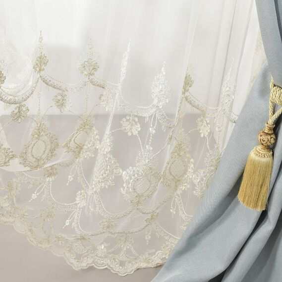 Тканина тюль сітка з вишивкою Ларсон V-золото, фото 7 Тканина тюль сітка з вишивкою Ларсон V-золото, фото 7