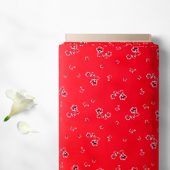 Тканина штапель твіл принт, 140 см, 160 гр/м2, для суконь, блузок, спідниць пролісок червоний, фото 2