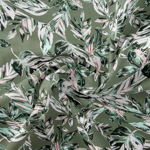 Тканина штапель твіл принт, 140 см, 160 гр/м2, для суконь, блузок, спідниць монстера хакі, фото 1