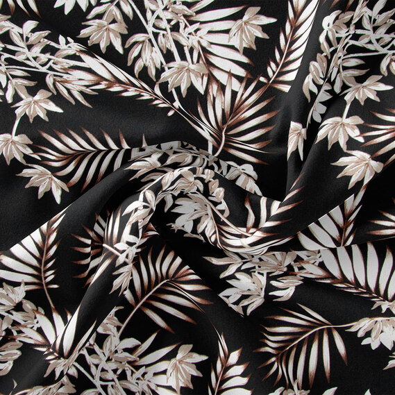 Тканина штапель твіл принт, 140 см, 160 гр/м2, для суконь, блузок, спідниць тропіки чорний, фото 1