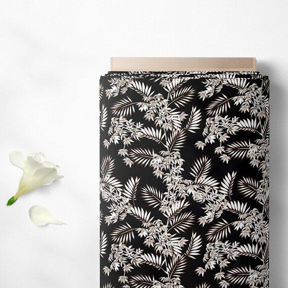 Тканина штапель твіл принт, 140 см, 160 гр/м2, для суконь, блузок, спідниць тропіки чорний, фото 2