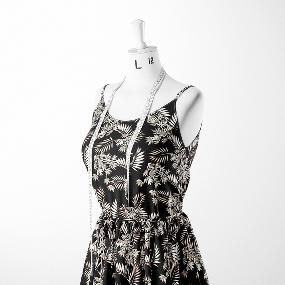 Тканина штапель твіл принт, 140 см, 160 гр/м2, для суконь, блузок, спідниць тропіки чорний, фото 3