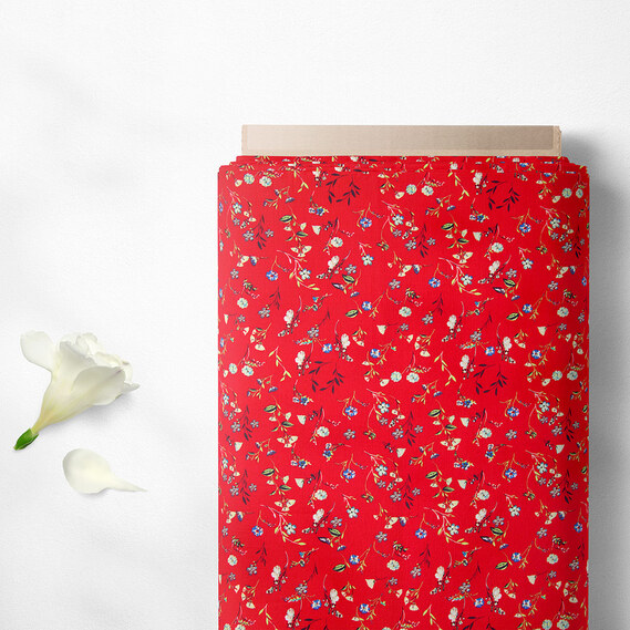 Тканина штапель твіл принт, 140 см, 160 гр/м2, для суконь, блузок, спідниць барвінок червоний, фото 2