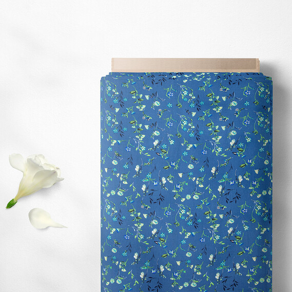 Ткань штапель твил принт, 140 см, 160 гр/м2, для платьев, блузок, юбок барвінок денім, фото 2