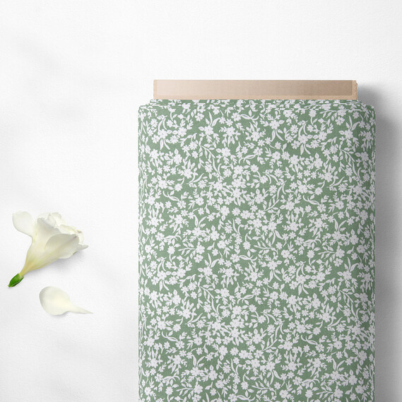 Тканина штапель твіл принт, 140 см, 160 гр/м2, для суконь, блузок, спідниць цвітіння олива, фото 2