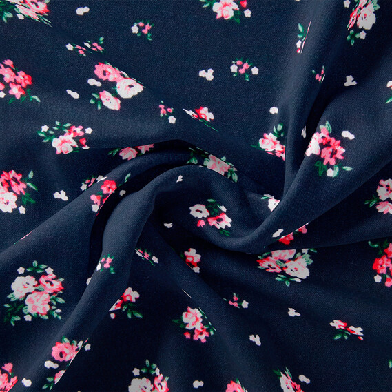 Ткань штапель твил принт, 140 см, 160 гр/м2, для платьев, блузок, юбок Фрейя темно синій, фото 1