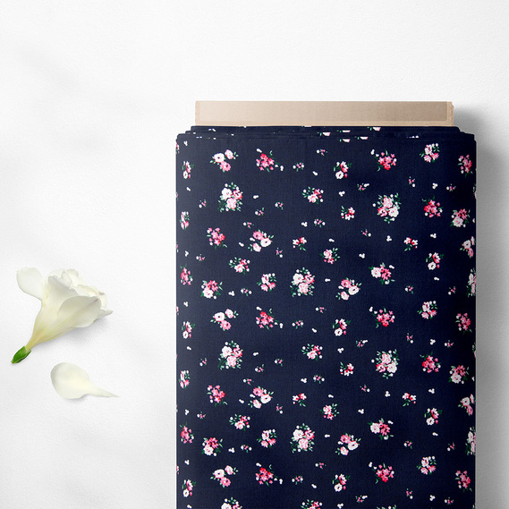 Ткань штапель твил принт, 140 см, 160 гр/м2, для платьев, блузок, юбок Фрейя темно синій, фото 2