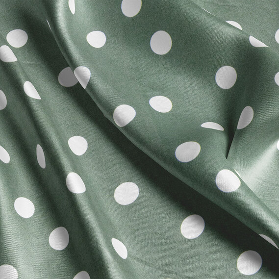 Ткань плательная атлас шелк стрейч 145 см 95 гр/м2 легкая ткань для платьев, блуз, пижам, аксессуаров горошок хакі, фото 3