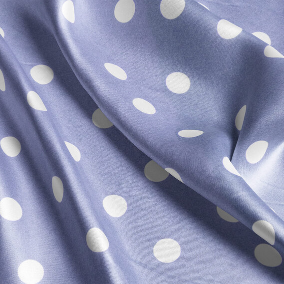 Dress fabric satin silk stretch — lightweight fabric for dresses, blouses, pajamas, and accessories. горошок лілово сірий, фото 3