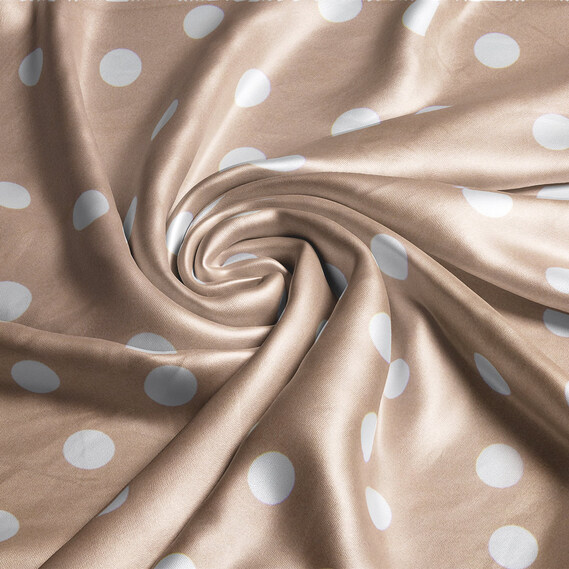 Тканина плательна атлас шовк стрейч 145 см 95 гр/м2 легка тканина для суконь, блуз, піжам та аксесуарів горошок беж, фото 1 Тканина плательна атлас шовк стрейч 145 см 95 гр/м2 легка тканина для суконь, блуз, піжам та аксесуарів горошок беж, фото 1