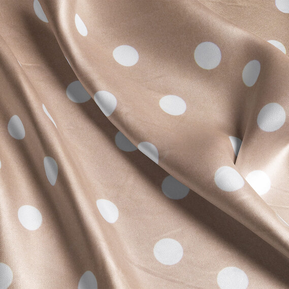 Тканина плательна атлас шовк стрейч 145 см 95 гр/м2 легка тканина для суконь, блуз, піжам та аксесуарів горошок беж, фото 3 Тканина плательна атлас шовк стрейч 145 см 95 гр/м2 легка тканина для суконь, блуз, піжам та аксесуарів горошок беж, фото 3