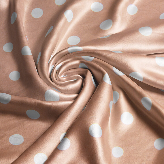 Тканина плательна атлас шовк стрейч 145 см 95 гр/м2 легка тканина для суконь, блуз, піжам та аксесуарів горошок карамель, фото 1