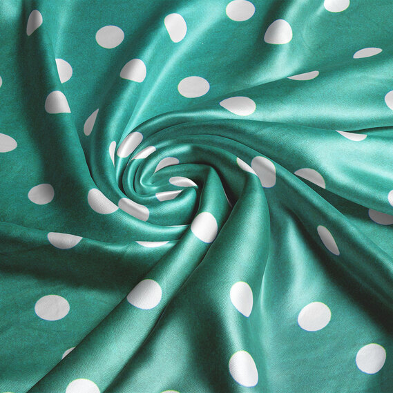 Тканина плательна атлас шовк стрейч 145 см 95 гр/м2 легка тканина для суконь, блуз, піжам та аксесуарів горошок смарагд, фото 1