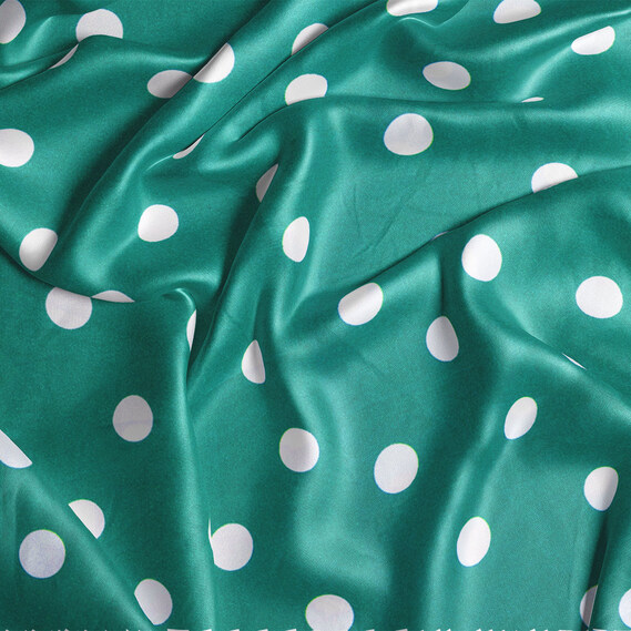 Тканина плательна атлас шовк стрейч 145 см 95 гр/м2 легка тканина для суконь, блуз, піжам та аксесуарів горошок смарагд, фото 2