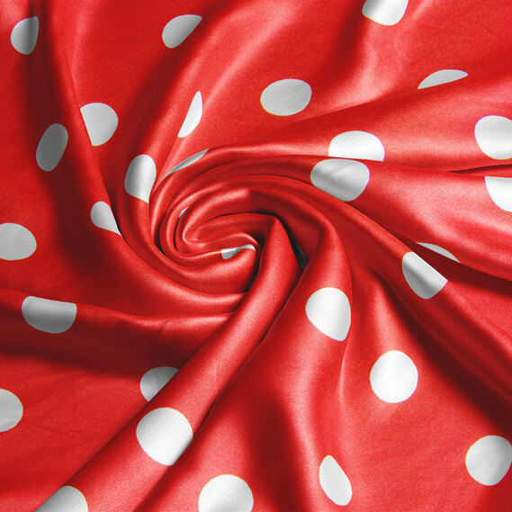 Тканина плательна атлас шовк стрейч 145 см 95 гр/м2 легка тканина для суконь, блуз, піжам та аксесуарів горошок червоний, фото 1 Тканина плательна атлас шовк стрейч 145 см 95 гр/м2 легка тканина для суконь, блуз, піжам та аксесуарів горошок червоний, фото 1