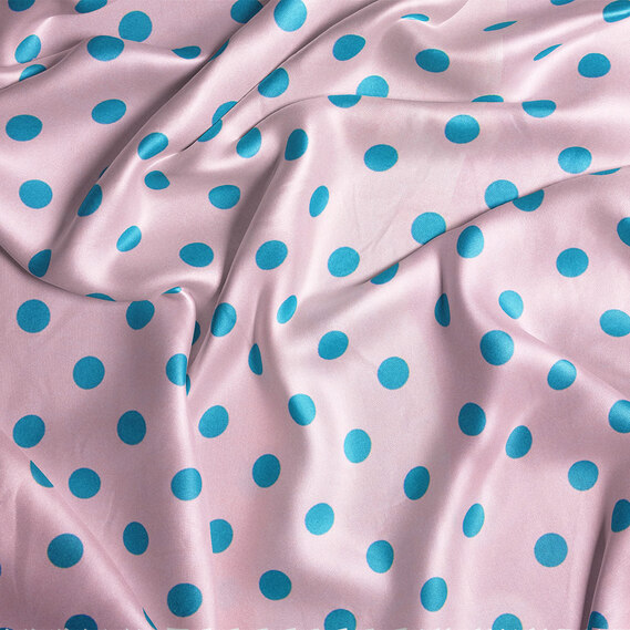 Тканина плательна атлас шовк стрейч 145 см 95 гр/м2 легка тканина для суконь, блуз, піжам та аксесуарів горошок рожевий, фото 2