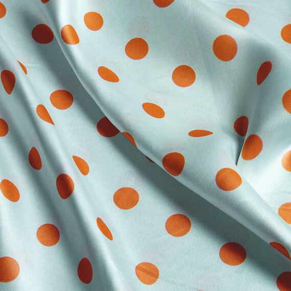 Тканина плательна атлас шовк стрейч 145 см 95 гр/м2 легка тканина для суконь, блуз, піжам та аксесуарів горошок м`ята, фото 3