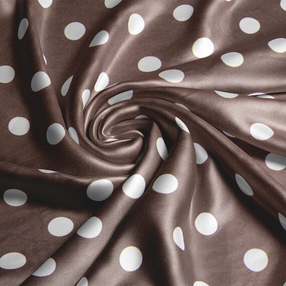 Ткань плательная атлас шелк стрейч 145 см 95 гр/м2 легкая ткань для платьев, блуз, пижам, аксессуаров горошок шоколад, фото 1