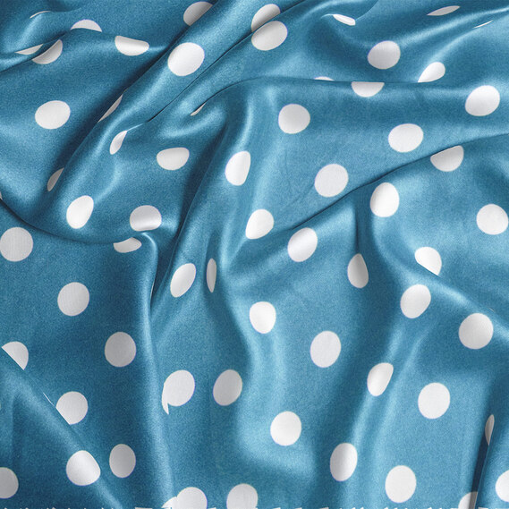 Тканина плательна атлас шовк стрейч 145 см 95 гр/м2 легка тканина для суконь, блуз, піжам та аксесуарів горошок морський бриз, фото 2