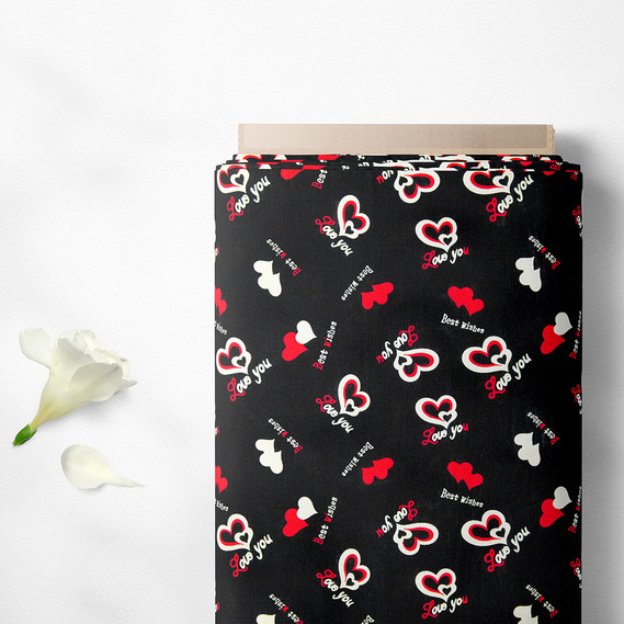 Тканина плательна віскоза штапель Бренд 115 гр/м2 Love you чорний, Написи, фото 2