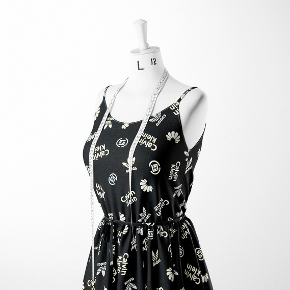 Тканина плательна віскоза штапель Бренд 115 гр/м2 Adidas молоко чорний, фото 3