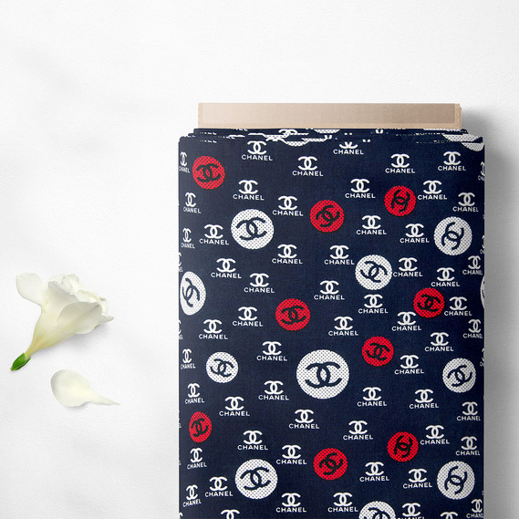 Тканина плательна віскоза штапель Бренд 115 гр/м2 Chanel 3 темно синій, Написи, фото 2