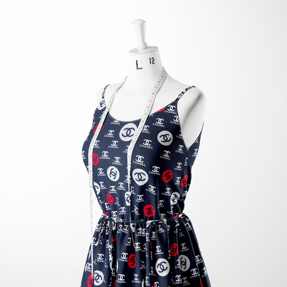 Тканина плательна віскоза штапель Бренд 115 гр/м2 Chanel 3 темно синій, Написи, фото 3