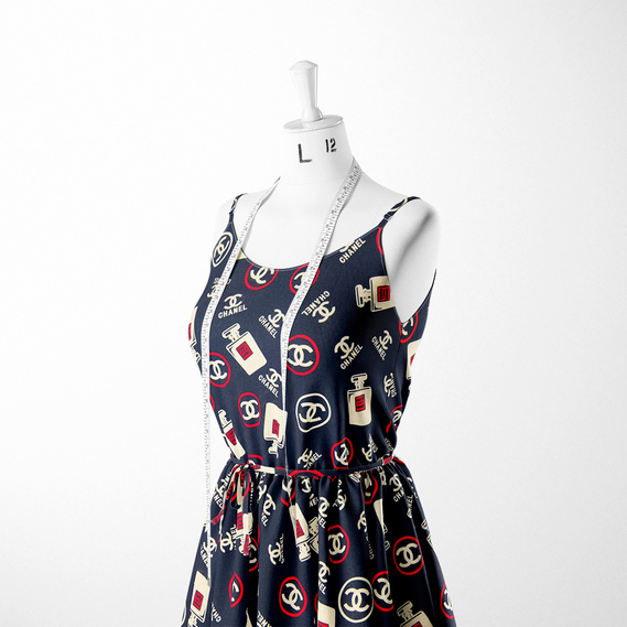 Тканина плательна віскоза штапель Бренд 115 гр/м2 Chanel 5 темно синій, Написи, фото 3