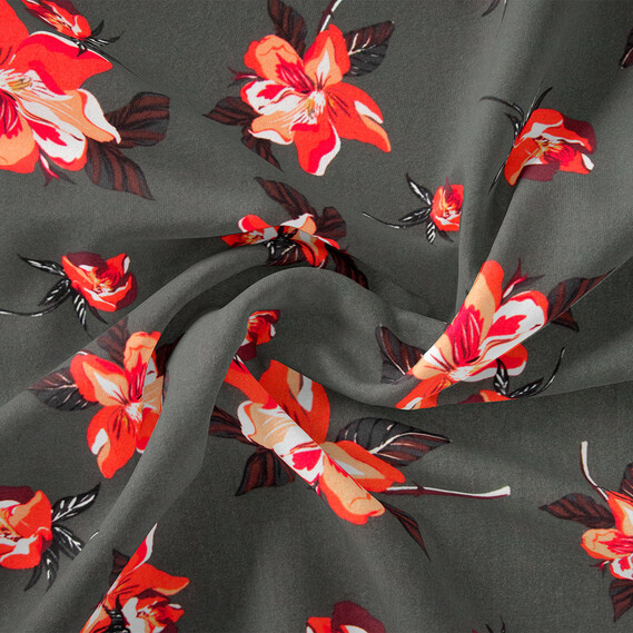 Тканина плательна штапель з малюнком лілейник темний хакі, фото 1