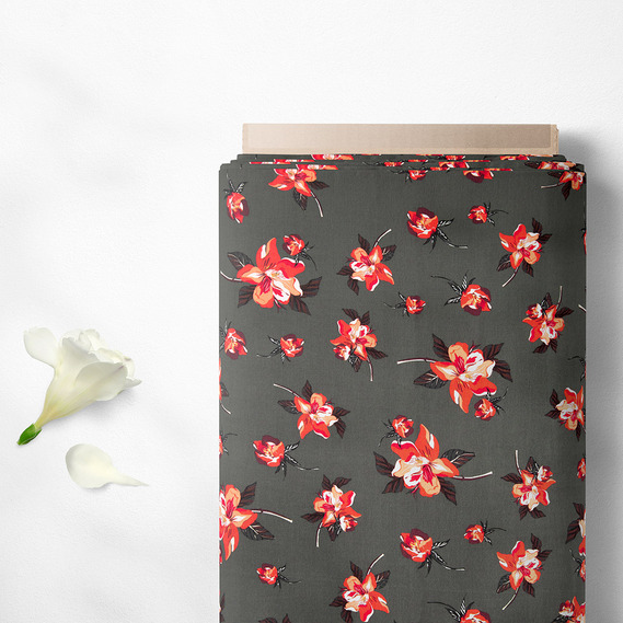 Тканина плательна штапель з малюнком лілейник темний хакі, фото 2