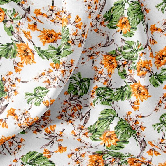 Тканина льон  монстера з квітами молоко, фото 2