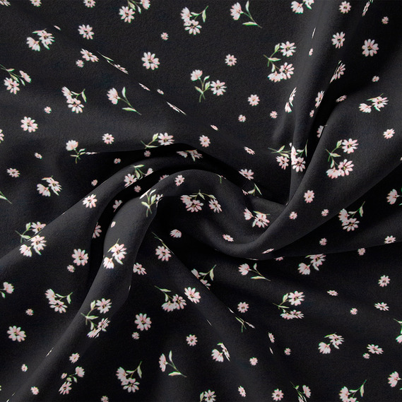 Ткань плательная креп Мадагаскар, 150 см, для одежды, платьев, костюмов, юбок ромашка на чорному, фото 1