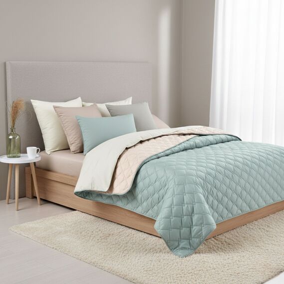 Double-sided blanket Style Cube IDEIA 180x210 cm, durable fabric stitching, anti-allergenic fiber м`ята/св.сірий, фото 1