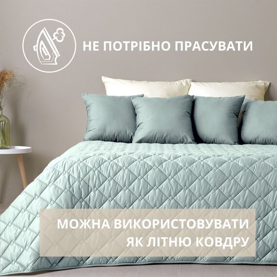 Покривало на ліжко Стиль Cube 210х240 см IDEIA двосторонне, міцна стібка тканини, антиалергенне волокно м`ята/св.сірий, фото 5