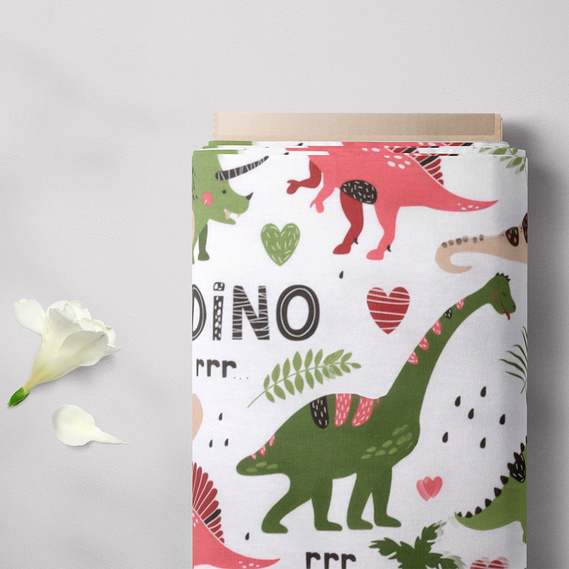 Тканина бязь ранфорс для постільної білизни 2,4 м V-М09012/1 динозаври червоно зелена, фото 2