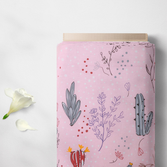 Тканина бязь ранфорс для постільної білизни 2,4 м V-М08020/8 Кактуси рожева, фото 2