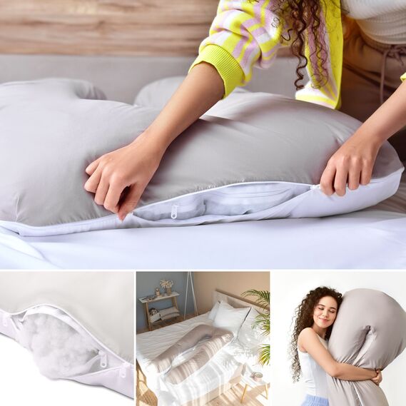 Подушка П-форми IDEIA 140х75х20 см U-shape для вагітних, реабілітації та щоденного комфорту, з наволочкою на блискавці, антиалергенна сіро/біла, фото 4