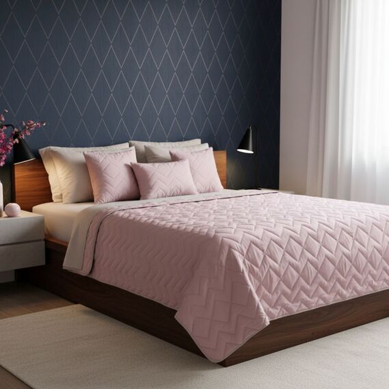 Покривало на ліжко Іззі 220х240 см IDEIA двосторонне, міцна стібка тканини, антиалергенне волокно пудра/св.сірий, фото 1