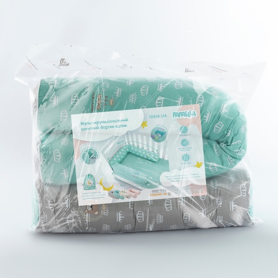 Бортик валики 2 шт захисні у дитяче ліжечко ТM PAPAELLA 60х15 см, 120х15 см бавовна корона м`ята/корона беж, фото 4 Бортик валики 2 шт захисні у дитяче ліжечко ТM PAPAELLA 60х15 см, 120х15 см бавовна корона м`ята/корона беж, фото 4