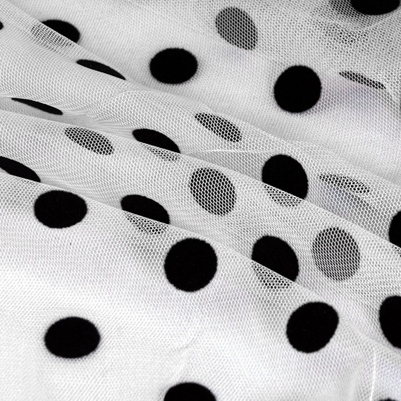 Тканина сітка стрейч Горох з флоком біло чорна, фото 1