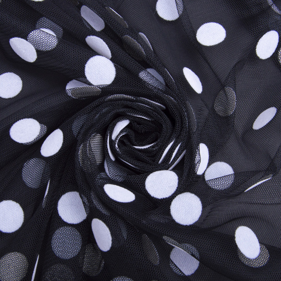Stretch mesh fabric Peas with flock чорно біла, фото 1 Stretch mesh fabric Peas with flock чорно біла, фото 1